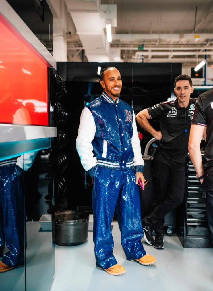 Lewis Hamilton wears custom Tommy Hilfiger.