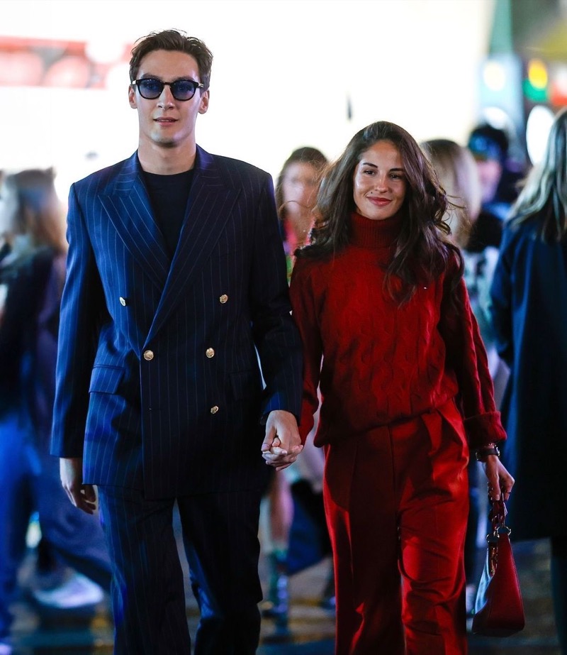 George Russell and Carmen Montero Mundt wear Tommy Hilfiger at the Las Vegas Grand Prix.